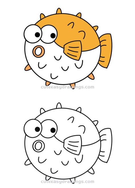 Draw a Cartoon Puffer Fish for Kids Clownfish Drawing Easy, How To Draw Puffer Fish, Fish Cute Drawing, How To Draw A Fish, Puffer Fish Cartoon, Puffer Fish Drawing, Cute Fish Drawing, Fish Drawing Ideas, Fish Drawing For Kids