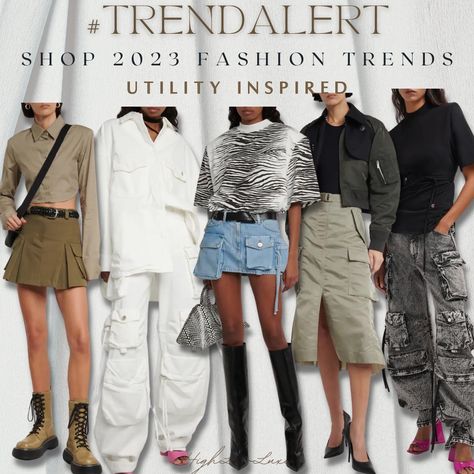 Utility Fashion 2023, Cargo Trend 2023, Fashion Trends 2023 Street Wear, Mini Skirt 2023 Trend, Skirt Trends 2023, 2023 Skirt Trends, Trend Board 2023, Mini Cargo Skirt Outfit, Cargo Mini Skirt Outfit