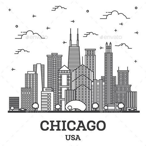 Outline Chicago Illinois USA City Skyline with Modern Buildings Isolated on White. Chicago City Drawing, Chicago Coloring Pages, Chicago Skyline Drawing, City Outline, Chicago Cityscape, Skyline Illustration, Cityscape Drawing, Usa City, Building Drawing