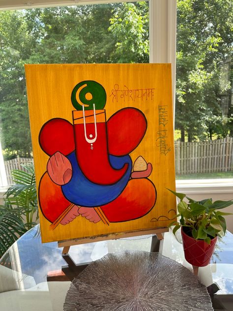 Ganapati Ganesha Drawing Watercolor, Ganpati Paintings Acrylics, Easy Ganesha Painting, Ganpati Canvas Painting, Ganapati Painting, Ganpati Painting, Ganpati Rangoli, Canvas Art Painting Abstract, Sunset Canvas Painting