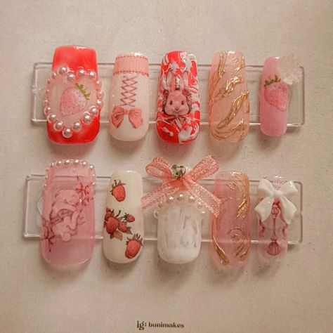 strawberry bunny nails press-ons art inspiration rococo pink aesthetic Rococo Nail Art, Rococo Nails, Uñas Cute, Bunny Strawberry, Y2k 90s Aesthetic, Strawberry Rococo, Strawberry Nail, Strawberry Nail Art, Strawberry Bunny