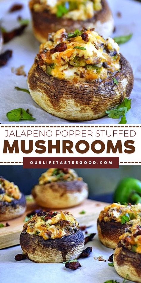 Delight in Jalapeno Popper Stuffed Mushrooms, an ideal New Year's Eve food idea and the best holiday appetizer! Featuring white mushrooms, jalapeno peppers, cream cheese, and thick cut bacon, this low carb treat is easy to make and packed with taste. Give it a go tonight! Jalapeño Popper Mushrooms Recipe, Jalapeno Popper Stuffed Mushrooms, Jalapeno Stuffed Mushrooms, Jalapeño Popper Mushrooms, Jalapeño Stuffed Mushrooms, Stuffed Jalapeno Peppers Cream Cheese, Peppers Cream Cheese, New Year's Eve Food, Cooked Mushrooms