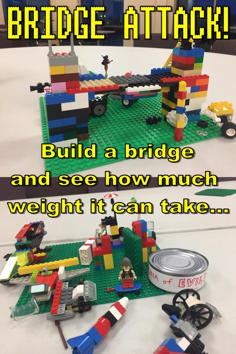 Lego Build Challenge--Build a bridge and see how much weight it can take!! Lego Club Ideas For Elementary Schools, Lego Challenges For Kindergarten, Lego Stem Activities First Grade, Lego Bridge Challenge, Lego Bridge Building Challenge, Lego Bridge, Lego Therapy, Lego Camp, Steam Ideas