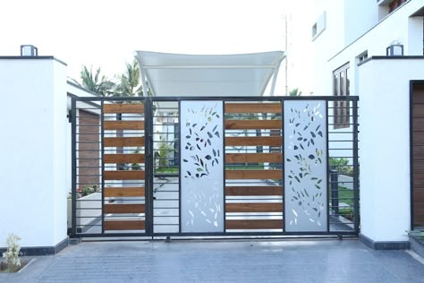 Car parking area gate: modern Houses by Hasta architects Simple Gate Designs, Compound Wall Gate Design, House Front Gate, Pagar Modern, Iron Main Gate Design, Pintu Interior, Home Gate Design, Gate Designs Modern, Main Gates