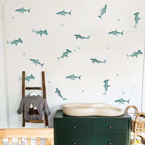 Shark Nursery Baby Boy, Nursery Stencil Wall, Nursery Sea Theme, Shark Nursery Theme, Sea Theme Decor, Ocean Nursery Theme, Baby Boy Nursey, Sea Nursery Theme, Watercolour Sea