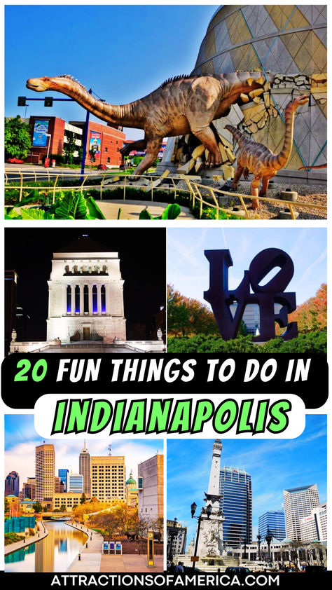 Image of Children's Museum of Indianapolis, Museum of Art, Canal Walk and more with text overlay reading 20 fun things to do in Indianapolis. Things To Do In Indianapolis Adults, Indiana Travel Places To Visit, Things To Do In Indianapolis With Kids, What To Do In Indianapolis, Indiapolis Indiana, Indianapolis Things To Do In, Indianapolis With Kids, Indiana Vacation, Uss Indianapolis