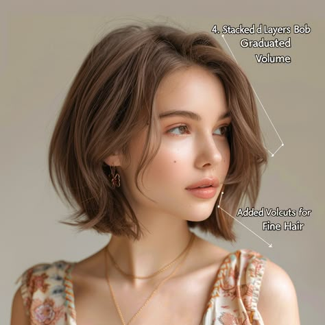 Graduated Bob For Fine Hair, Straight Bob Haircut Side Part, Short Bob Textured Haircut, Bob Haircut With Layers Short, Short Hair Flared Out, Short Haircuts For Soft Jawline, Short Bob Long Layers, Short Bob Layered Hair, Short Layered Bob Fine Hair