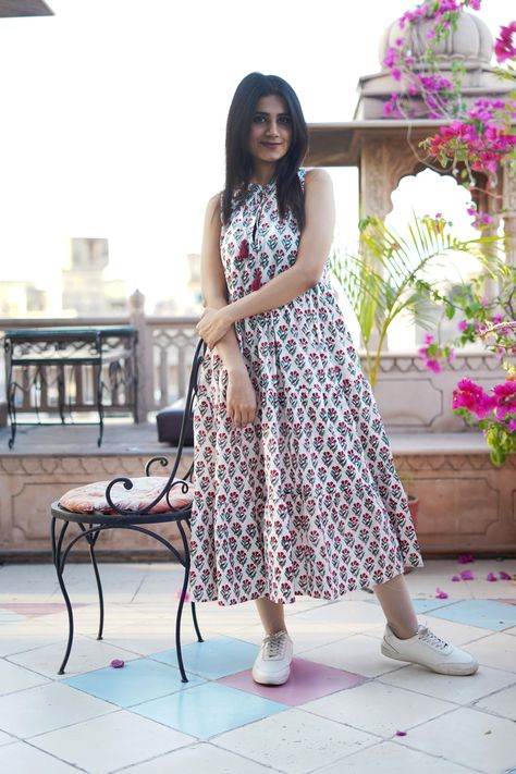 Handblock Print Cotton Dress, Women Cotton Summer Dress, Block Print Dress, Cotton Tier Dress, Printed Cotton dress Cotton Printed Frocks For Women, Sleeveless Anarkali Dress With Printed Motifs, Sleeveless Anarkali Dress With Floral Print, Sleeveless Anarkali Floral Dress, Sleeveless Anarkali Maxi Dress For Summer, Summer Anarkali Sleeveless Maxi Dress, Summer Sleeveless Anarkali Maxi Dress, White Anarkali Cotton Maxi Dress, White Block Print Maxi Dress