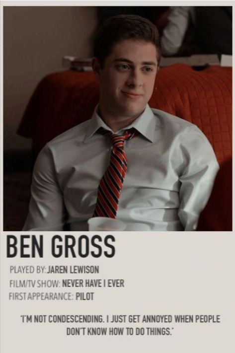 Polaroid poster of the character, Ben Gross. Ben Gross, Character Polaroid, Polaroid Posters, Imaginary Boyfriend, Polaroid Poster, Never Have I Ever, I Decided, High School, Tv Shows