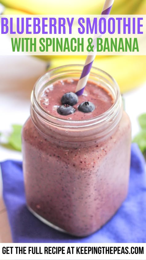 This blueberry smoothie with spinach and banana is sweet and creamy while still being all natural. It’s the perfect smoothie to disguise a serving of leafy greens for the kids or picky adults in your home! Vegan Blueberry Smoothie, Spinach And Blueberry Smoothie, Healthy Smoothie With Spinach, Blueberry Spinach Smoothie Recipe, Blueberry Banana Spinach Smoothie, Smoothie With Spinach And Banana, Peach Spinach Smoothie, Breakfast Smoothie With Spinach, Blueberry Green Smoothie