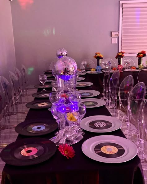 70s Disco Sweet 16, 1970s Disco Party, Disco Party Snack Table, Backyard Boogie Party Theme, Disco Theme Table Setting, 70s Disco Table Decorations, Disco Party Table, Disco Table Decor, Disco Prom Centerpiece