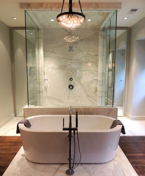 Free standing tub, walk through shower | Chad James Group Marble Bathroom Floor, Master Baths, Shower Over Bath, Walk In Shower Designs, Bathroom Master, Bad Inspiration, Bathroom Tub, Shower Surround, Dream Bathrooms