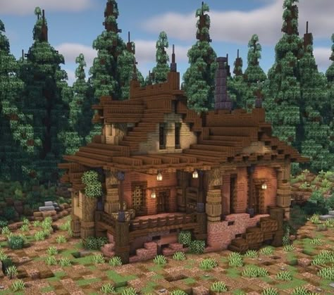 Crimson Wood House Minecraft, Cozy Minecraft Houses, Minecraft House Ideas Cottage, House Ideas Minecraft, Minecraft Cabin, Minecraft House Ideas, Houses Minecraft, Mc Builds, Minecraft Structures