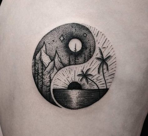 A piece entitled 'Balance' with a winter / summer Yin-Yang symbol. Tattoo by Thomas Eckeard, an artist based in Arcadia, California, USA. Yang Tattoo, Yin Yang Art, Kunst Tattoos, Yin Yang Tattoos, Men Tattoos, Tattoo Photography, Symbolic Tattoos, Sleeve Tattoo, Pompeii