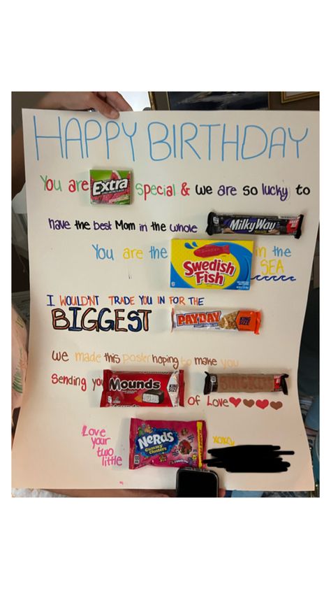 Swedish Fish, Extra Gum, Milky Way, Payday, Mounds, Nerds Gummy Clusters, Snickers Birthday Candy Poster, Candy Posters, Candy Poster, Birthday Mom, Birthday Candy, Happy Birthday Mom, Birthday Gifts For Best Friend, Birthday Poster, Sea Fish