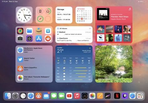 Ipad Pro 12.9 Home Screen, Ipad Widgets Pictures, Home Screen Laptop Wallpaper, Ipad Pro Home Screen Layout Aesthetic, Ipad Screen Saver, Ipad Pro Widget Aesthetic, Organized Ipad Home Screen, Ipad Pro Aesthetic Home Screen, Ipad Home Screen Layout Ideas