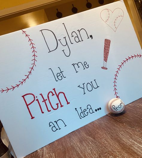 Prom Proposal Baseball Ideas, Baseball Asking To Dance, Baseball Softball Promposal, Promposal Baseball Ideas, Prom Posals Ideas For Him Baseball, Cute Baseball Hoco Proposals, Baseball Tolo Posters, Tolo Proposal Ideas Baseball, School Dance Poster Ideas Baseball