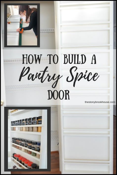 How To Build A Pantry Spice Door Diy Door Spice Rack, Diy Pantry Door Organizer, Behind The Door Pantry Storage, Door Spice Rack Pantry, Pantry Remodel Diy, Double Door Pantry Organization, Pantry No Door, Diy Wood Pantry, Closet To Pantry Convert