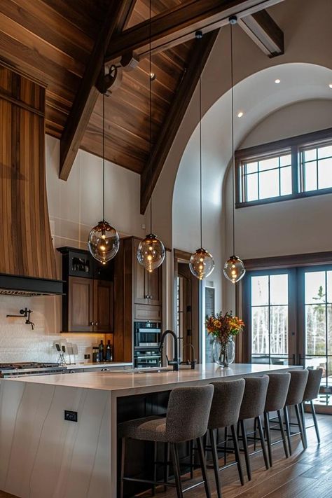 Elevate Your Space: Vaulted Ceiling Kitchen Ideas Kitchens High Ceilings, Open Beam Ceiling Kitchen, Vaulted Ceiling Kitchen And Living Room, Kitchen With Beams On Ceiling, Kitchen With Tall Ceilings, Vaulted Kitchen Ceiling, Vaulted Ceiling Dining Room, Cathedral Ceiling Kitchen, Tall Ceiling Kitchen