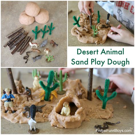 Desert Play Dough Pretend Play – Frugal Fun For Boys and Girls Desert Animals Activities, Dough Sensory Play, Sand Play Dough, Desert Crafts, Zoo Animal Crafts, Habitats Projects, Play Sand, Playdough Activities, Desert Animals