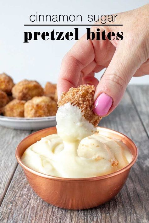 This recipe is so much better than anything you can find at the mall.  These Cinnamon Sugar Pretzel Bites are soft and perfect dipped into a sweet cream cheese frosting!  #soft #bites #easy #recipe #dip #homemade #best Cinnamon Sugar Pretzel Bites, Pretzel Dip Recipes, Pretzel Bites Recipes, Cinnamon Sugar Pretzels, Sweet Dips, Pretzel Dip, Pretzels Recipe, Cream Cheese Dips, Appetizers Recipes