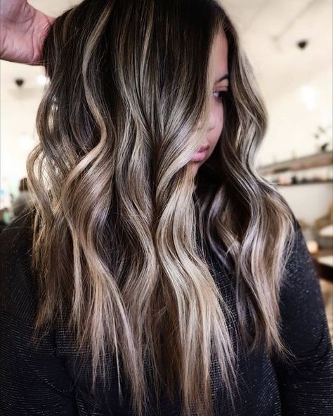 Full Head Of Highlights On Dark Brown Hair, Lightning Brown Hair, Dark Roots Brown Hair Balayage, Winter Hair 2023, Dark Brown With Blonde Balayage, Partial Balayage Brunettes, Dark Brown To Blonde Balayage, High Contrast Balayage, Joico Blonde Life