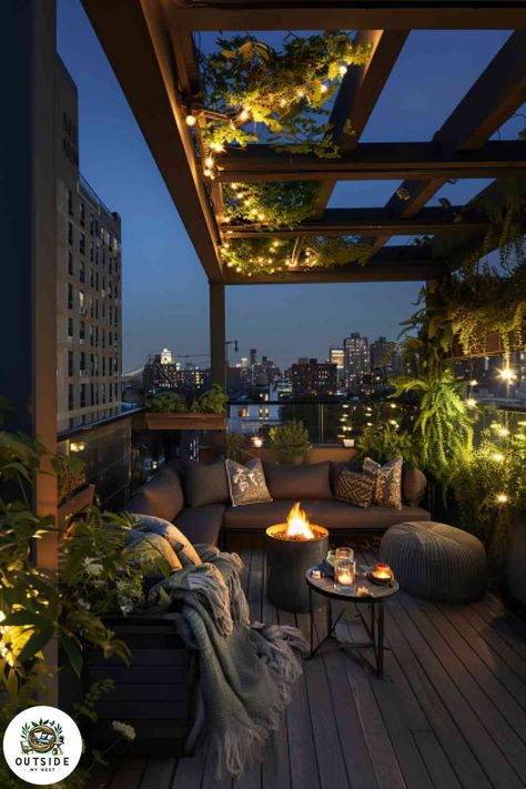 Create a cozy outdoor lounge on your balcony with a fire table and comfy sofa. The ultimate relaxation spot. Tap to explore more balcony lounging ideas! Balcony Ideas Modern Luxury, Comfy Balcony Ideas, Penthouse Balcony Design, Large Balcony Design, Large Balcony Ideas, Apartment Outdoor Space, Penthouse Balcony, Luxurious Balcony, Townhome Ideas