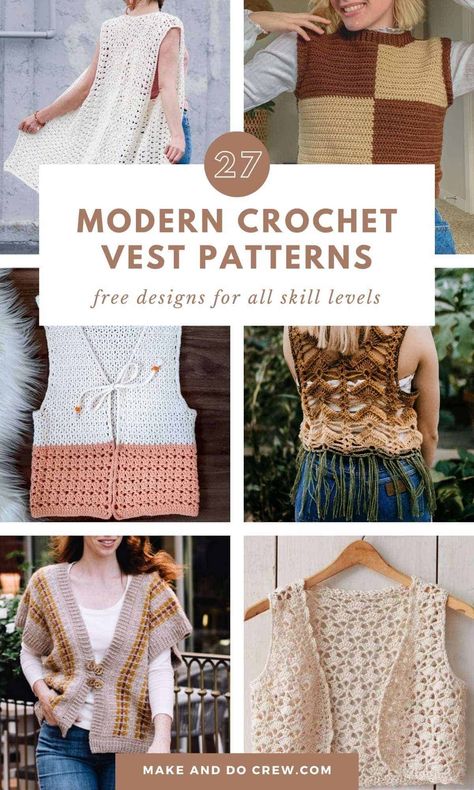 Looking for the best crochet tops? This collection of free crochet vest patterns, curated by Make and Do Crew, is for you. We've gathered our favorite vest outfits - from cropped vest patterns and slip over vest patterns to sleeveless tops and button vest patterns. These stylish patterns can be layered for year round wear. Whether you're looking for new crochet clothes patterns or just a lightweight top for summer, we've got you covered. Visit the blog for the free crochet vest patterns. How To Crochet A Vest For Beginners, Crocheted Vests For Women Free Patterns, Crochet Pattern Vest Free, Crochet Womens Vest, Crochet Short Vest Pattern Free, Crochet Waistcoat Pattern Free Granny Squares, Crochet Sleeveless Sweater Pattern Free, Crochet Tabard Free Pattern, Beginner Crochet Vest