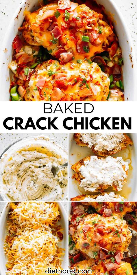 This baked Crack Chicken is an easy recipe prepared with juicy chicken breasts loaded with melty cheese, ranch seasoning, and crispy bacon.