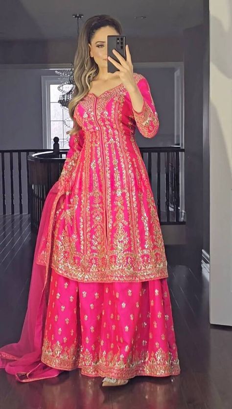 Get ready to dazzle in these stunning women's party kameez Pakistani dress suits. Made of heavy faux georgette material, these palazzo suits come in beautiful ranipink color. Stitch up to size L, XL, XXL (Max 44 inches) and perfect for weddings and parties. #PakistaniDressSuit #IndianBollywoodFashion #BridalFashion #WomenPartyWear #GetReadyToDazzle [EMOJI] [EMOJI] #eBay #eBayStore #eBaySeller #Doesnotapply #PalazzoSuit #India #HeavyFauxGeorgette #Women #ranipink #BridalFashion https://ebay.... Pink Sharara Suit, Sharara Outfits, Pakistani Dresses Party, Pink Sharara, Sharara Designs, Full Sleeve Top, Bollywood Dress, Salwar Dress, Suit For Women