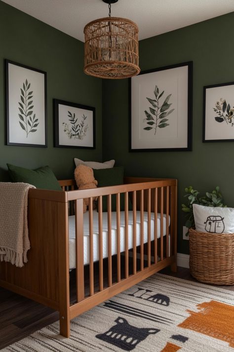 Ideas and inspo for a boy's nursery that isn't quite like anyone else's. Dark Sage Green Nursery, Hunter Green Nursery Gender Neutral, Forest Green Nursery Gender Neutral, Mcm Nursery Mid Century, Baby Boy Nursery Woodland Theme, Simple Boys Nursery, Dark Wood Nursery Furniture, Nursery Room Inspiration Green, Unisex Baby Nursery Ideas