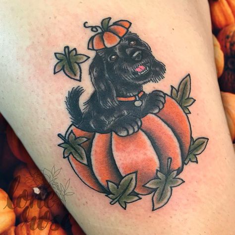 Dog and pumpkin tattoo - pet portrait tattoo Dog And Pumpkin, Pet Portrait Tattoo, Fall Tattoos, Squirrel Tattoo, Left Arm Tattoos, Pumpkin Tattoo, Autumn Tattoo, Autumn Animals, Dog Pumpkin