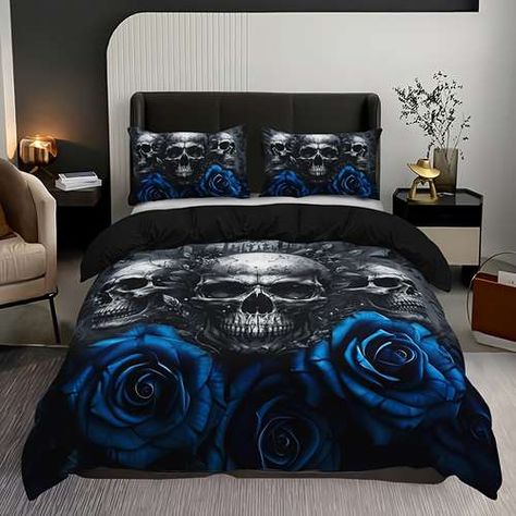 Skull Bedroom, Rose Comforter, Duvet Covers Cheap, Skull Bedding Sets, Skull Bedding, Comfortable Bedding, Blue Comforter, Rose Skull, Full Bedding Sets