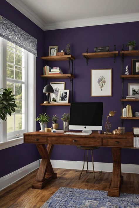 home office design, home office decor, home office furniture, home office organization Home Decor Ideas Purple, Purple And Grey Office Ideas, Purple Interior Design Office, Purple Accent Wall Office, Lavender Office Ideas, Purple Home Office Ideas, Dark Purple Office, Light Purple Rooms, Purple Walls Living Room