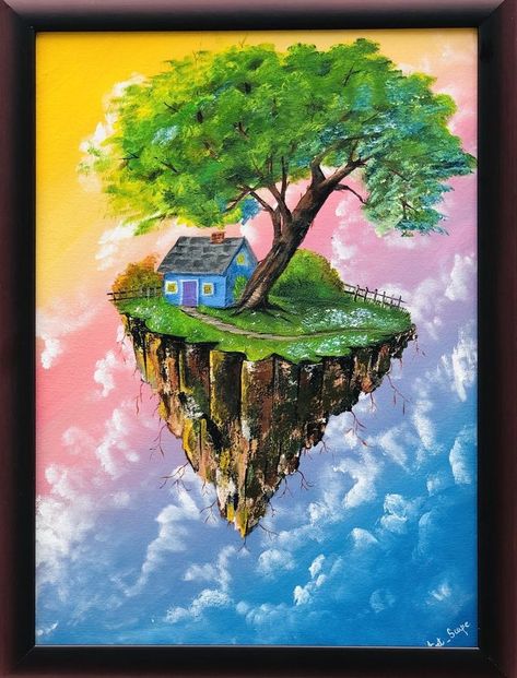 Floating Island Drawing Simple, Magic Faraway Tree Art, Floating Island Painting, Fairy Landscape Painting, Fairy World Painting, Sunset Artwork, Trippy Painting, 3d Drawings, Landscape Art Painting