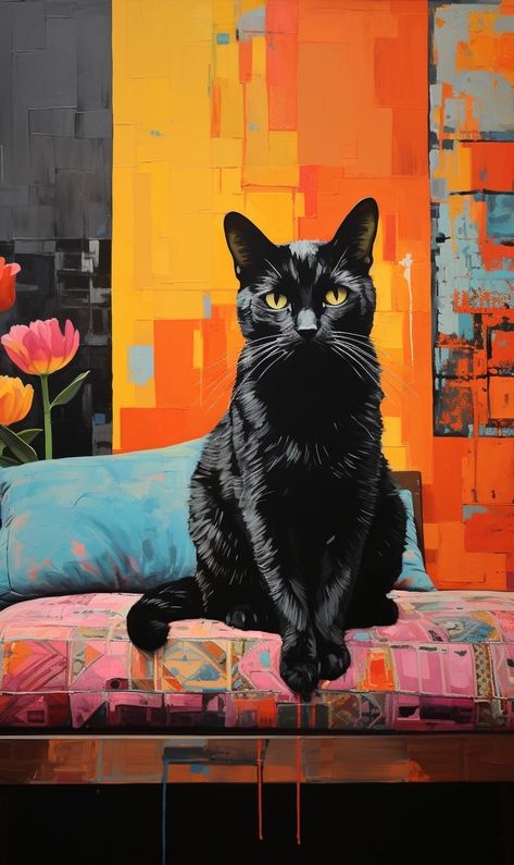 Cat Paintings Acrylic, Cats Drawings, Painting Of Black Cat, Black Cat Art Illustration, Black Cat Portrait, Cat Painting Ideas, Cat Paintings, Cat Painting Acrylic, Black Cat Pastel Drawing