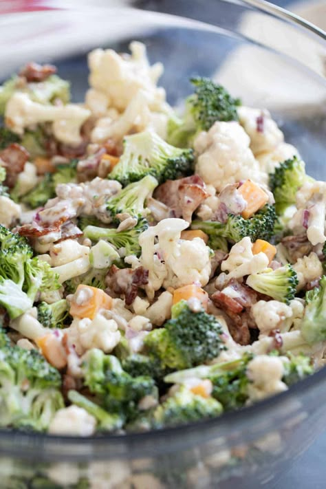 Discover the perfect blend of flavors and textures in this Broccoli Cauliflower Salad. This refreshing salad combines crisp broccoli and tender cauliflower florets with salty bacon and a tangy dressing. Packed with flavor, this is the perfect side dish for any meal. Brocolli Cauliflower Salad, Brocoli And Cauliflower Salad, Cauliflower And Broccoli Salad, Bacon Cauliflower Salad, Broccoli And Cauliflower Salad, Broccoli Cauliflower Salad Recipes, Broccoli Salads, Loaded Broccoli, Cauliflower And Broccoli