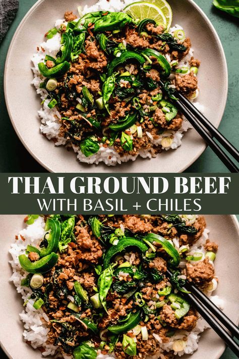 30-Minute Thai Beef Stir Fry with Basil & Chiles. Serve this easy dish over rice for a wholesome meal that's perfect for weeknight cooking. // spicy // recipes Thai Ground Beef, Thai Basil Beef Recipe, Thai Beef Stir Fry, Spicy Beef Stir Fry, Thai Basil Recipes, Thai Basil Beef, Beef Stir Fry Recipes, Thai Beef, Basil Recipes