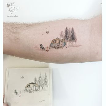 Trailer Tattoo, Campervan Tattoo, Camper Tattoo, Camping Tattoo, Small Camper, Small Campers, Travel Trailer, Tattoo Art, Art Tattoo