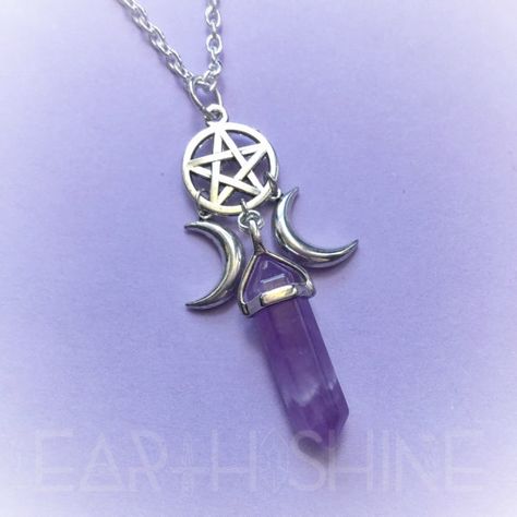 Pentacle Necklace, Amethyst Stone Necklace, Triple Moon Goddess, Crystal Point Necklace, Crystal Goddess, Necklace Moon, Wiccan Jewelry, Goddess Necklace, Witch Jewelry