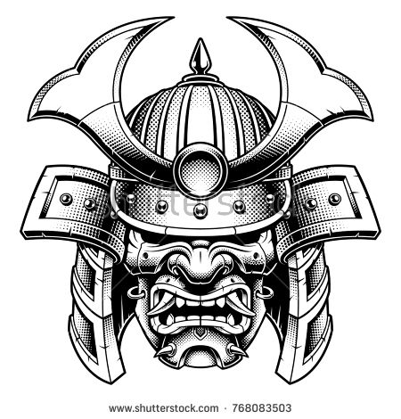 Samurai warrior mask. Traditional armor of japanese warrior. Vector illustration, shirt graphic. Isolated on white background. (MONOCHROME VERSION). Japanese Warrior Mask, Samurai Warrior Mask, Samurai Mask Tattoo, Japanese Warrior Tattoo, Japanese Mask Tattoo, Samurai Tattoo Sleeve, Samurai Drawing, Samurai Warrior Tattoo, Guerriero Samurai