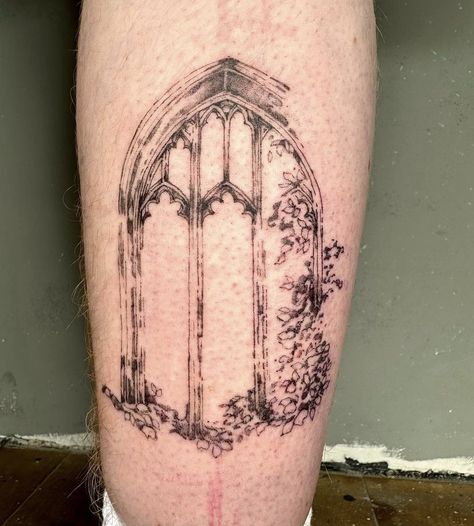 Gothic Windows Tattoo, Gandalf Tattoo, Gothic Tattoo Ideas, Castle Tattoo, Garden Tattoos, Gothic Tattoo, Botanical Tattoo, Aesthetic Tattoo, Dream Tattoos