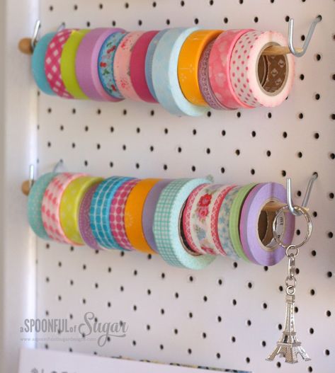 Sewing room pegboard / inspiration board Pegboard Crossstitch, Pegboard Inspiration, Room Pegboard, Pegboard Ideas, Ribbon Holders, Pegboard Organization, Ribbon Storage, Craft Room Design, Sewing Room Organization