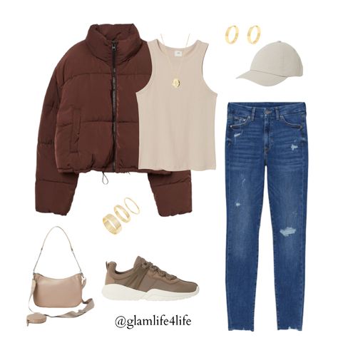 Fall streetwear outfit. Includes blue jeans, tan ribbed tank, brown short puffer jacket, taupe shoes, tan hand bag, tan cap, gold necklace, gold small hoop earrings and gold ring set. 

Follow my shop @GlamLife4Life on the @shop.LTK app to shop  this post. Just tap the image! Brown Puffer Jacket Outfit Woman, Styling Brown Jacket, Winter Outfits From Shein, How To Style A Brown Jacket, Brown Cropped Jacket Outfit, Casual Brown Puffer Jacket For Cold Weather, Brown Fleece Jacket Outfit, Trendy Brown Puffer Jacket For Fall, Brown Cropped Puffer Jacket Outfit