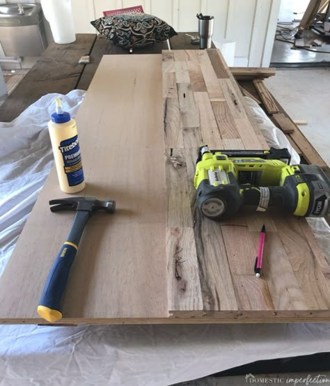 Making Countertops Diy Wood, Office Counter Top Ideas, Workshop Countertop Ideas, Wood Floor Countertop, Countertops From Flooring, Wood Laminate Countertops Kitchen, Scrap Wood Countertop, Laminate Flooring Countertops, Wood Flooring Countertop