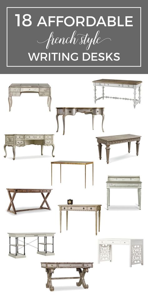 French Style Desks | If you’re looking for a pretty French desk at a reasonable price, this shopping guide offers 18 affordable options with great style and French attitude. -----> #designthusiasm #frenchstyledesks #writingdesks #whitedesk #frenchfurniture #frenchdesks #frenchcountrydesks #farmhousedesks #frenchdesksforsale #affordablefrenchdesks #frenchwritingdesks #frenchdeskshoppingguide #stylishfrenchdesks #bestfrenchdesks #wheretobuyfrenchdesks French Style Desk, French Attitude, French Country Rug, French Ideas, French Desk, Style Writing, Farmhouse Desk, French Country Bathroom, French Interior Design