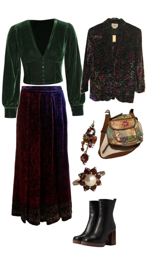 Moody Fall Outfit Moody Fall Aesthetic Outfits, Winter Whimsical Outfit, Jewel Tone Outfits Fall, Art Deco Outfit Modern, Vamp Outfit Style, Jewel Tone Outfits, Art Deco Outfit, Dark Boho Fashion, Whimsigoth Outfits