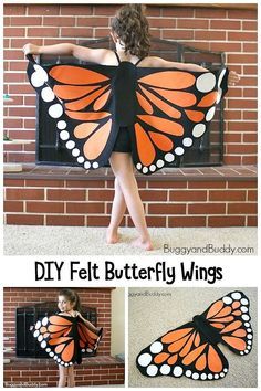 DIY Felt Butterfly Wings: This easy, no sew butterfly costume uses felt or flannel and glue! Easy to follow tutorial. Perfect homemade costume for Halloween, imaginative or creative play or a butterfly festival! #buggyandbuddy #diycostume #halloween #halloweencostume #costumes #handmadecostume #butterflies #butterflywings #butterflycostume Butterfly Wings Tutorial, Butterfly Wings Diy, Butterfly Costume Kids, Diy Butterfly Costume, Butterfly Halloween Costume, Butterfly Wings Costume, Butterfly Halloween, Spider Costume, Diy Wings