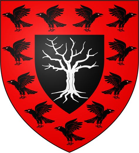 House Blackwood of Raventree Hall is an old house from Raventree Hall in the riverlands, one of the main families sworn to House Tully of Riverrun. They once ruled the riverlands as kings during the Age of Heroes.[3] They blazon their arms with a flock of ravens on scarlet surrounding a dead weirwood upon a black escutcheon.[4] Their words have not yet been revealed by George R. R. Martin.[5] House Blackwood rules over wider domains and can field a much larger army than t Flock Of Ravens, House Blackwood, The Riverlands, House Tully, Drogon Game Of Thrones, House Sigil, Hellboy Art, Medieval Shields, Child Of The Universe