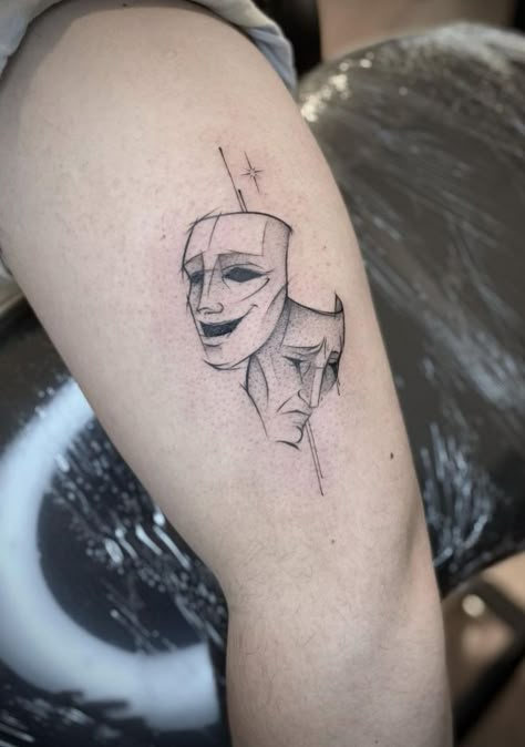 Actor Tattoo Ideas, Abstract Head Tattoo, Thespian Masks Tattoo, Mask Tattoo Men, Mask Tattoo Design, Double Mask Tattoo, Tattoo Mask Face, Mask Tattoos, Theatre Faces Tattoo